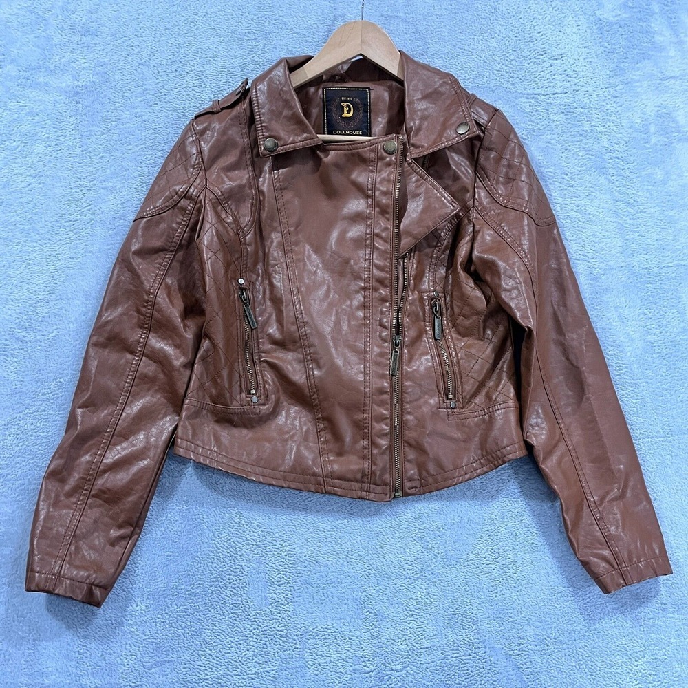 Doll House Jacket Women's Medium Faux Leather Outerwear Moto Style Brown Y2K